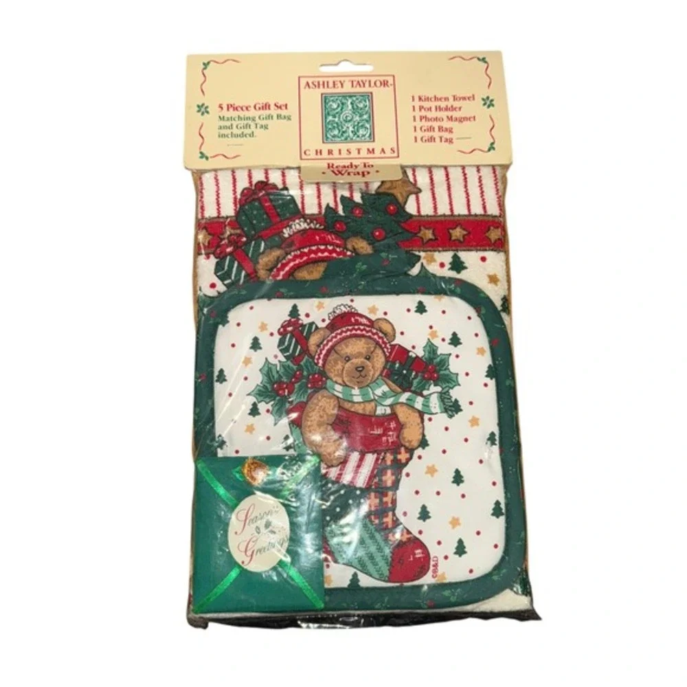 NEW Vtg. Ashley Taylor Christmas 5 Pc Gift Set‎ Kitchen Towel Pot Holder Magnet